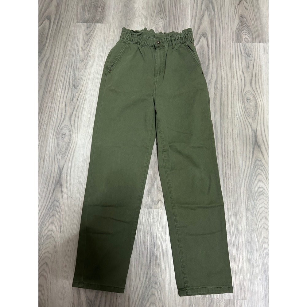 7 For All Mankind Olive Green Paperbag Waist Straight Leg Cotton Pants Size 26